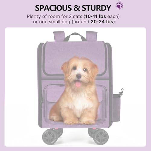 MGB Rolling Cat Carrier with Wheels: Dog Carrier for Small Dogs & Large Cats, Large Cat Carrier with YKK Zipper, Large Capacity, Breathable Mesh, Side Pocket, Purple (Not for Airline) - color: Purple