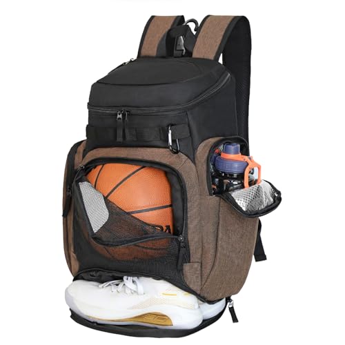 LARIPOP Basketball Backpack with Ball & Ventilated Shoe Compartment Insulated Pockets for Men Training - color: brown