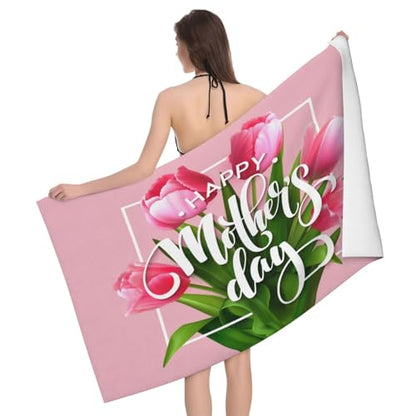 Happy Mothers' Day Beach Towel, Pink Tulip Flower Quick Dry Sand Free Absorbent Bath Towel, Microfiber Lightweight Towel Pool Travel Camping Gym Swim 30x60 Inch/ 77X153cm - color: Happy Mothers' Day Pink Tulip