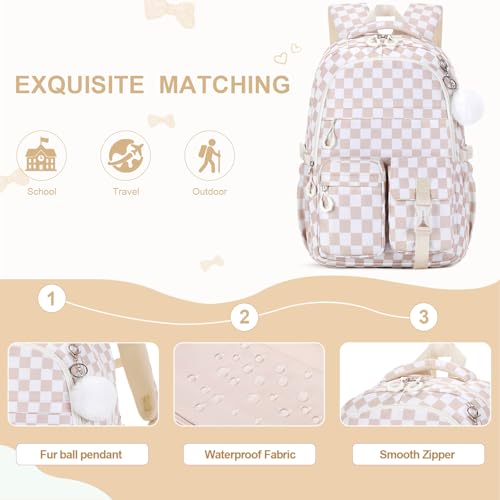 DIGOBAY 3PCS Girls Backpack for School, Kids Backpack for Girls with Lunch Bag Pencil Case, Kids Bookbag Teen Girl Backpacks for Elementary Middle High College School (Khaki Checkered) - color: Khaki Checkered