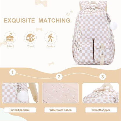 DIGOBAY 3PCS Girls Backpack for School, Kids Backpack for Girls with Lunch Bag Pencil Case, Kids Bookbag Teen Girl Backpacks for Elementary Middle High College School (Khaki Checkered) - color: Khaki Checkered