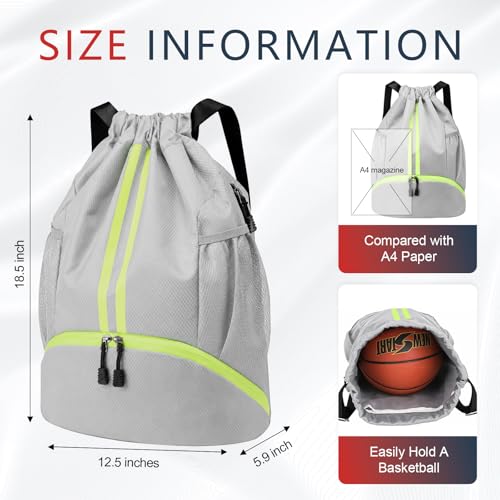 PinCute Drawstring Backpack for Women Men, Gym Bag for Soccer, Basketball, Swim, Beach, Water-Resistant Sports Backpack with Wet Pocket and Shoe Compartment, Grey - color: Grey