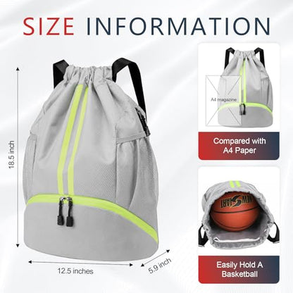 PinCute Drawstring Backpack for Women Men, Gym Bag for Soccer, Basketball, Swim, Beach, Water-Resistant Sports Backpack with Wet Pocket and Shoe Compartment, Grey - color: Grey