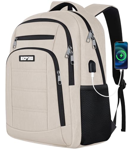 Beige Backpack for Women, School Backpack for Girls Teens Boys, Work Business Back pack with USB Charging Port,Water Resistant College Computer Bookbag Fits 15.6 Inch Laptop,Back Pack,Mochilas - color: C3-beige, size: 15.6 Inch