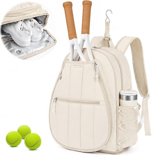 Quilted Tennis Gym Backpack for women Tennis Bag Holds 2 Rackets with Top Panel & Ventilated Shoe Compartment Sports Duffle Bags with Wet Pocket & Fence Hook - color: Beige