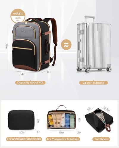 LOVEVOOK Travel Essentials Carry on Backpack 50L Travel Backpack for Women Men,Waterproof TSA Personal Item Travels Bag Airline Flight Approved,Large Carry on Luggage Laptop Backpack with Packing Cube - color: Black - Gray - Chestnut Brown, size: X-Large-