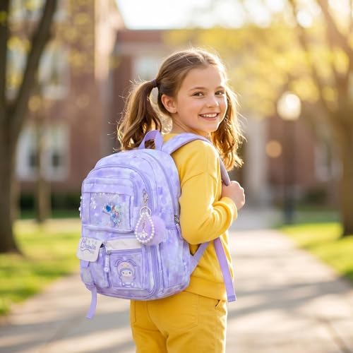 Lovely Kawaii Kids School Backpack For Girls – Splash-Proof Book Bag for Kids & Students, Multi-Pocket Children's School Bag, 17 Inch Purple Backpack - color: Purple