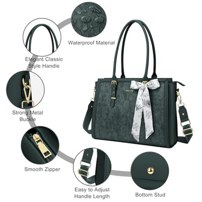 MOSISO Laptop Bag for Women, 17-17.3 inch PU Leather Tote Bag Compatible with MacBook, HP, Dell, Asus Notebook, Front Embossed Retro Hibiscus Computer Bags with Silk Scarf&Clutch Purse, Emerald Green - color: Emerald Green, size: 17.3 inch