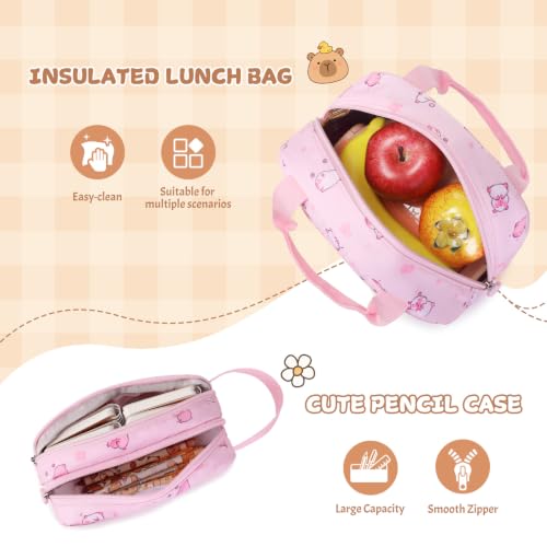 Capybara Theme Backpack for School Girls, 35PCS Kids Backpack Set with School Supplies Stationery Kit Lunch Box Pencil Case, Cute Girls Bookbag for Kindergarten Elementary Student - color: Pink