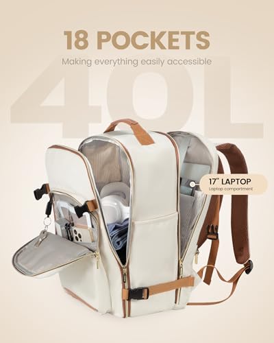 LOVEVOOK 40L Travel Backpack for Women Men,Waterproof Airline Approved Carry On Luggage Travel Essentials,TSA Carry On Backpack Personal Item Travel Bag Suitcase with 3 Packing Cubes,Weekender,Daypack - color: Beige-brown, size: Large-40L-4Pcs