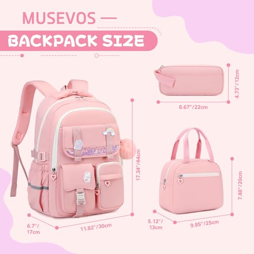 MUSEVOS Girls Backpack, Kids Backpack for Girls, School Bookbag for Teens Age 6-15, Large Capacity Water Resistant Backpack for Elementary to High School, Cute Travel Daypack, Pink 3pcs - color: Pink-3pcs