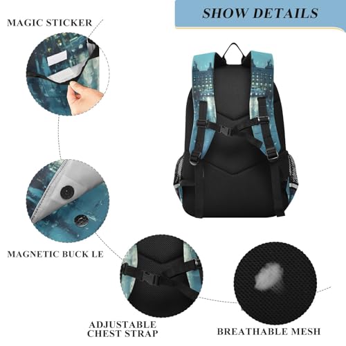 Backpack Rain City Print, Lightweight Daypack Multifunctional Backpack for Women Men Flap Backpack