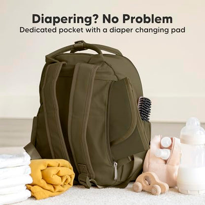 KeaBabies Diaper Bag Backpack - Small Multifunctional Travel Diaper Back Packs, Maternity Baby Changing Bags, 12L Capacity, PU Leather, Waterproof, Unisex, Nappy Changing Pad (Dark Olive, Small) - color: Dark Olive, style: Small / 13" H