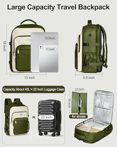 Travel Backpack for Women & Men, Carry On Personal Item Bag Flight Approved, Large Waterproof Laptop Backpack for Travel, Overnight, College & Commuting Green-Beige - color: Green/Beige