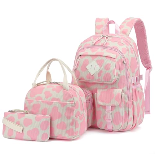 3Pcs Corduroy School Backpack for Girls, Kids Large Capacity School Bag Bookbags Set with Lunch Box and Pencil Bag (Corduroy Cow Print Pink) - color: Corduroy Cow Print Pink