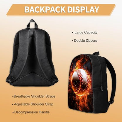 3PCS Boys Backpack, Kids Back To School Backpack with Lunch Box Pencil Case Set, Cool Baseball Backpack for Boys Teens, 17" Schoolbag Bookbag for Elementary Middle High School Students - color: Fire Baseball