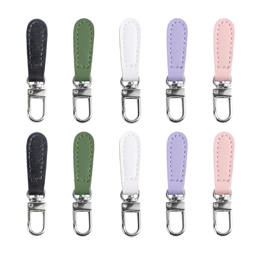 10 Pcs Leather Zipper Pulls Replacement - Detachable Zipper Tab Fixer & Extender for Backpacks, Jackets, Luggage, Purses & Boots - No Tools Needed (Black, White, Green, Pink, Purple)