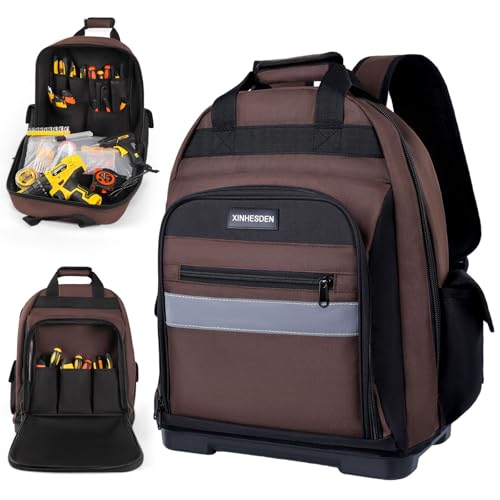 Tool Bag Backpack, Heavy Duty Tool Backpack Bag with Waterproof Molded Base, Electrician Work Pack for Hand Tools, Multi Pockets Tool Storage Organizer for Contractor, HVAC Techs, Brown - color: Brown