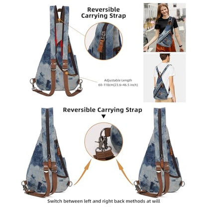 KL928 Canvas Sling Bag - Small Crossbody Backpack Shoulder Casual Daypack Rucksack for Men Women(Blue-white Washed) - color: Canvas-blue-white Washed