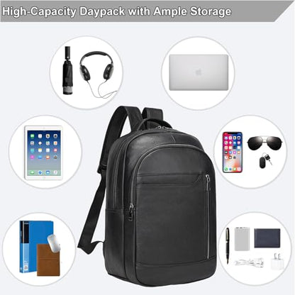 Large Capacity Black Leather Backpack for Men, 15.6 Inch Genuine Leather Laptop Backpack Business Travel Shoulder Daypacks - color: Y80&16y Black