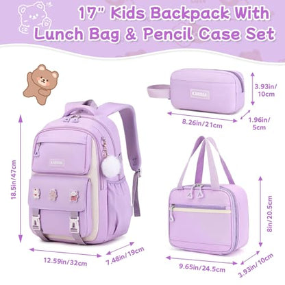Girls Backpack, 3pcs Sets Kids Backpack for Girls with Anti-theft Back Pocket, Lightweight School Backpacks Water Resistant Lunch Bag with Pencil case for Elementary Primary School, Purple - color: Purple 3pcs