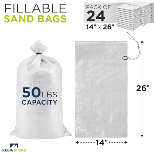 Heavy Duty Sand Bags Pack of 24, White Empty Sandbags with Built-In Ties, Woven Polypropylene UV Protection 1600 Hours, Fillable Bags for Flood Control, Weight, 14x26 inches, 50 Pounds Volume - size: 14"W x 26"L, style: Pack of 24