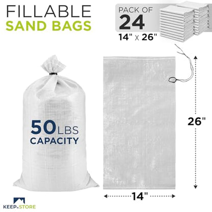 Heavy Duty Sand Bags Pack of 24, White Empty Sandbags with Built-In Ties, Woven Polypropylene UV Protection 1600 Hours, Fillable Bags for Flood Control, Weight, 14x26 inches, 50 Pounds Volume - size: 14"W x 26"L, style: Pack of 24