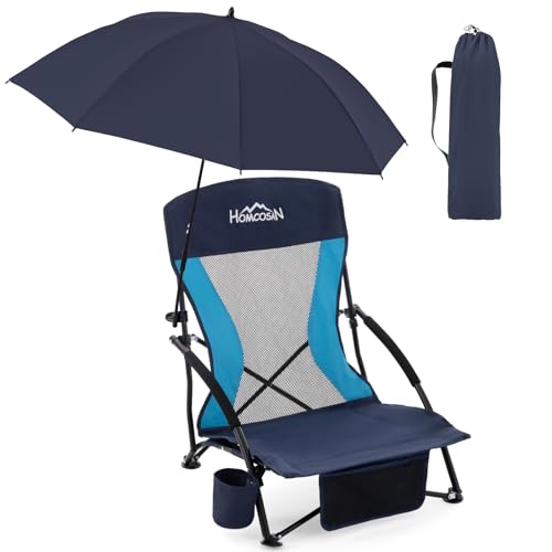 Homcosan Portable Low Folding Beach Chair with Detachable Umbrella - Lightweight Camping Chair for Adults with Cup Holder & Storage Pocket, Carry Bag Included (Navy & Blue) - color: Navy & Blue, size: 1 Pack, style: chair with umbrella