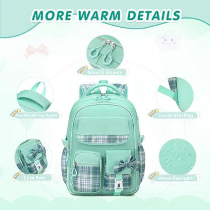 GeeWin School Backpack for Girls, Bookbags Back Pack School Bag for Teen Girl Elementary Middle School Student, Cute Stylish Plaid Girls Backpack with Matching Insulated Lunch Bag & Pencil Bag (Green) - color: Green