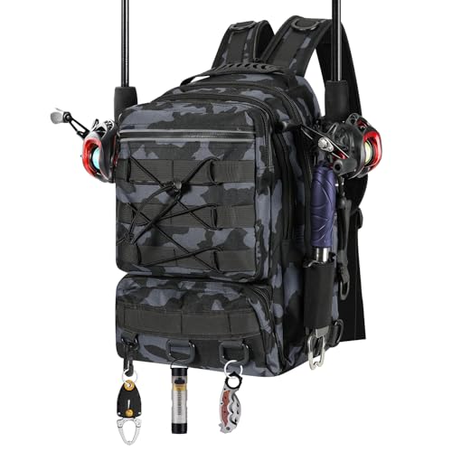 MoKo Fishing Backpack Sling Bag with Rod & Gear Holder, Nylon Waterproof Fishing Tackle Storage Bag for Fishing - color: Gray Camouflage