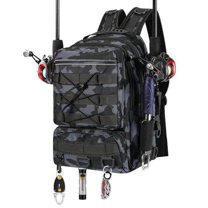 MoKo Fishing Backpack Sling Bag with Rod & Gear Holder, Nylon Waterproof Fishing Tackle Storage Bag for Fishing - color: Gray Camouflage