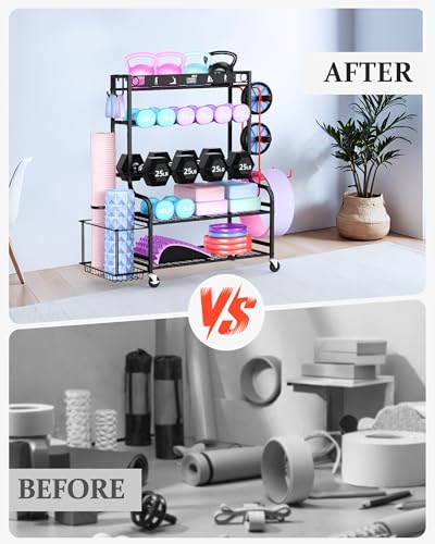 Mythinglogic Weight Rack for Dumbbells, Home Gym Storage for Yoga Mat Dumbbells Kettlebells and Strength Training Equipment, Dumbbell Rack with Wheels and Hanging Hooks - color: New Black