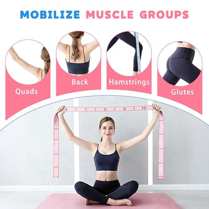 2PCS Elastic Yoga Stretching Strap with 12 Loops Stretch Resistance Exercise Bands for Yoga,Pilates,Dance,Rhythmic Gymnastics,Physical Therapy,Ballet Couple Style - color: Pink, Blue