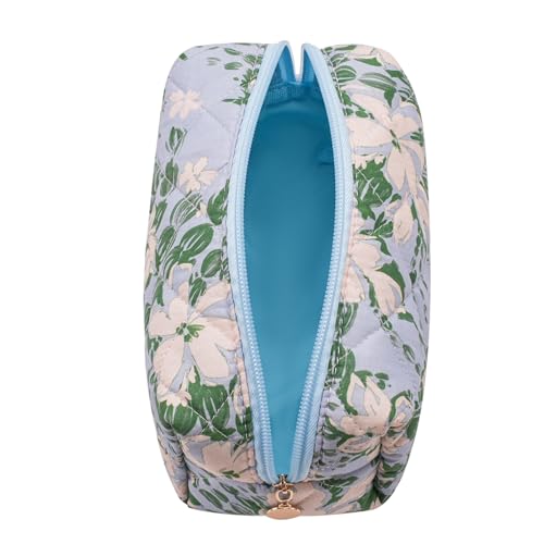 Cute Floral Makeup Bag Small Cotton Quilted Cosmetic Bag, Aesthetic Essential Bag Emergency Bag Gift for Women Girls Travel Accessories (White Gardenias) - color: White Gardenias