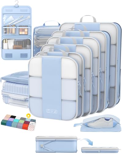 OlarHike 10-Pack Compression Packing Cubes for Travel Essentials,Compressible Expandable Packing Cubes for Suitcase,Luggage Garment Bags for Travel,Handy Helper for Organizing Clothes(Light Blue) - color: Light Blue