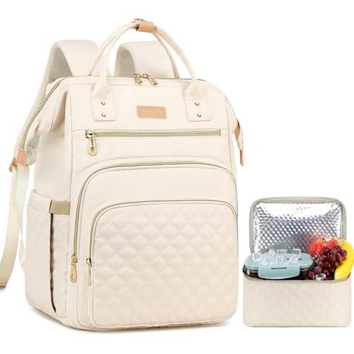 AIJIEKE Lunch Backpack for Women, 15.6 Inch Laptop Backpack with Detachable Insulated Cooler Lunch Box, 2-in-1 Water Resistant Work Computer Bag for Nurse Teacher College Commute, Beige - color: Beige