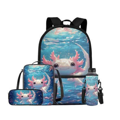Cute Axolotl Backpack for Girls Kids Backpack with Lunch Box Water Bottle Carrier with Strap and Big Pencil Case 4PCS Set Bookbag with Front Pocket for School 17" Sturdy Elementary School Bag - color: Axolotl-1