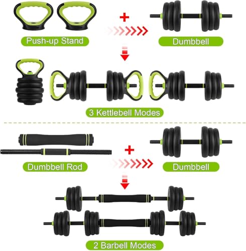 44Lbs Adjustable 4-In-1 Dumbbell Set, Sand Filled PE Dumbbells with Kettlebell Combo Multi-Function Strength Training Weights Home Gym Equipment for Bench Press Squats and Push-Up Handles
