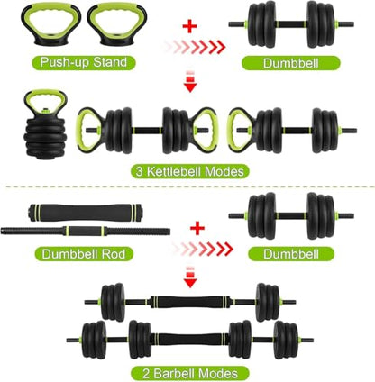 44Lbs Adjustable 4-In-1 Dumbbell Set, Sand Filled PE Dumbbells with Kettlebell Combo Multi-Function Strength Training Weights Home Gym Equipment for Bench Press Squats and Push-Up Handles