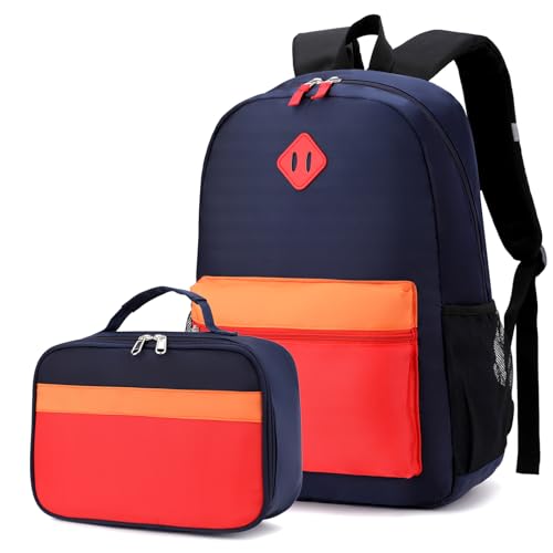 Backpack Set for Girls Boy Kids Backpack with Lunch Box for Elementary Primary Kindergarten School Bag (Navy Red Set, Large) - color: Navy Red