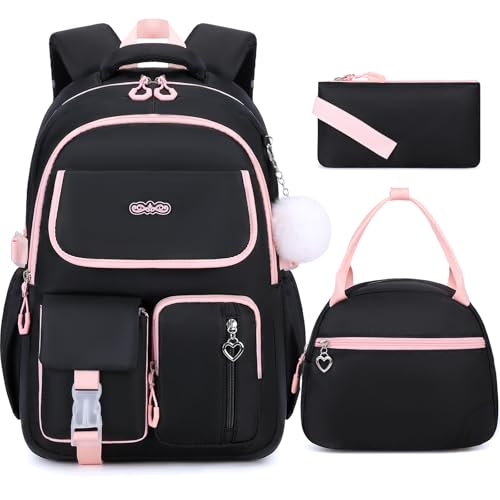 DIGOBAY Backpacks for Girls, 3PCS School Backpack with Lunch Box Pencil Pouch for Teen Girls Kids Elementary Primary Middle High College School Bookbag Set （Black-Pink） - color: Black-pink