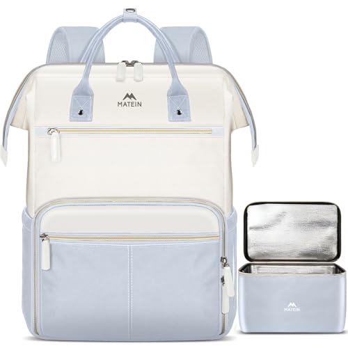 MATEIN Insulated Lunch Backpack, 15.6 Inch Laptop Backpack with Lunch Compartment, Teacher Work Bag with Lunchbox Meal Prep Bag Nurse Backpacks Gifts for Men Women Office College Commute, 2pcs Set - color: Light Blue, size: 15.6 Inch
