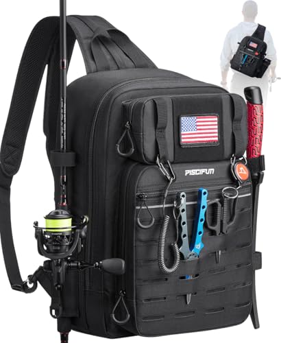 Piscifun Fishing Backpack Tackle Bag with 2 Rod Holders, Multi-Compartment Storage, MOLLE System, Water-Resistant Lightweight Outdoor Pack - color: Double Shoulder - Black, style: Large
