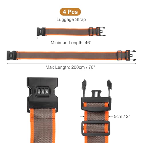 MECCANIXITY Luggage Straps with Combination Lock Adjustable Suitcase Belt Strap for Suitcase Briefcase Backpack Travel, Gray-Orange, Pack of 4 - color: Gray-Orange