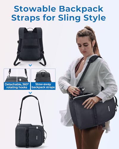 BAGSMART Camera Backpack, DSLR SLR Small Camera Bags for Photographers Compatible for Sony Canon Nikon, Shoulder Strap 2-in-1 Travel Backpack Fits 12.9" iPad, Black - color: Black