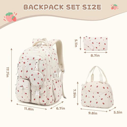 MOONBABY Girls Backpack, Kids Backpack for Girls, School bag for Primary Elementary Teenage, Middle School Students Bookbag - color: 3pcs-beige Strawberry