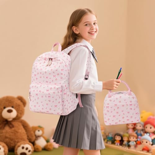 BTOOP School Backpacks for Teen Girls Bookbags Lightweight Kids Backpack School Bags Set with Lunch Box Pencil Case - color: A-pink Bow-pink Flower