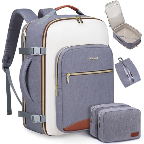LOVEVOOK 50L Travel Backpack for Women & Men, Airline Approved Carry On Luggage with 3 Packing Cubes, TSA Overnight Bags, Waterproof Personal Item Bag, Weekender Essentials Backpacks fits 17" Laptop - color: Grey-beige-brown, size: X-Large