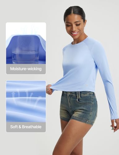 baleaf Women's UPF 50+ Long Sleeve Sun Shirts Crop Rash Guard UV Workout Tops SPF Slim Fit Lightweight Athletic Hiking - color: Light Blue, size: X-Large