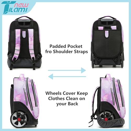 NEW TILAMI 19 inch Rolling Backpack Teens Rolling Backpack Cute Wheeled Laptop Backpack Bookbag Roller Travel Bag College, Evening Butterfly (No USB interface) - color: Purple Butterfly